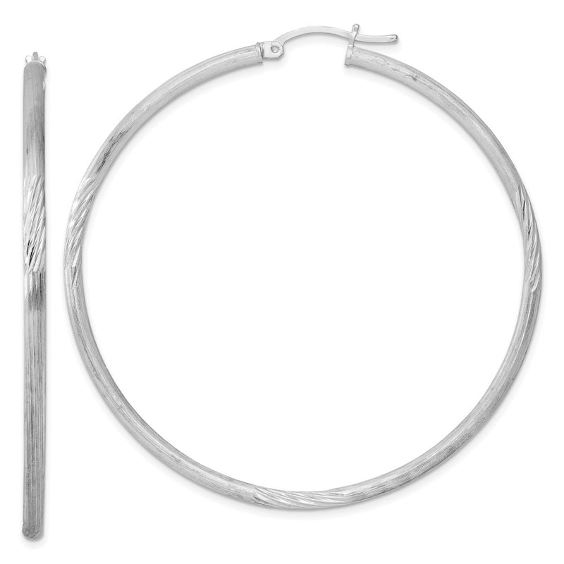 Sterling Silver Rhod-Plated 2.5mm Polished/Satin Diamond-Cut Hoop Earrings