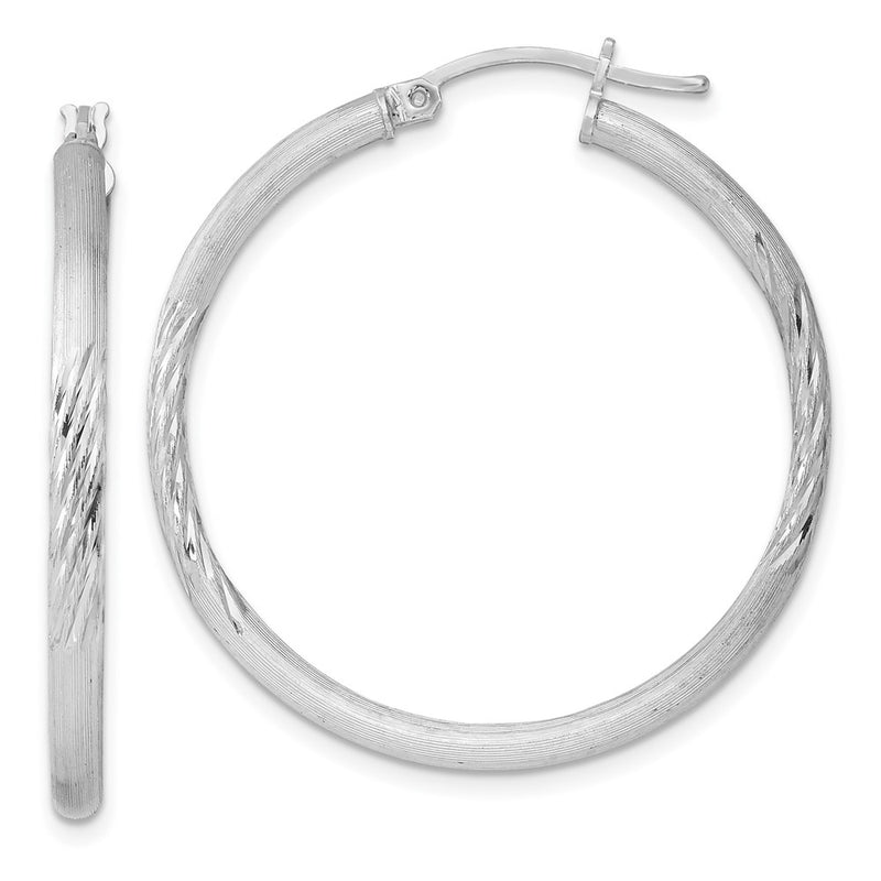 Sterling Silver Rhod-Plated 2.5mm Polished/Satin Diamond-Cut Hoop Earrings