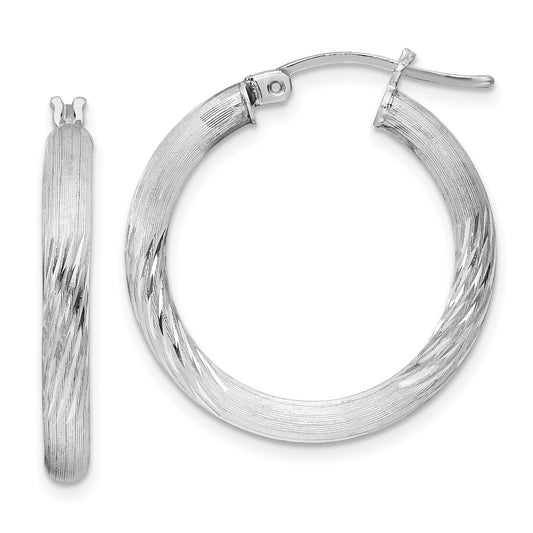 Sterling Silver Rhodium-Plated 3mm Polished/Satin Diamond-Cut Hoop Earrings