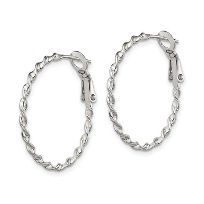 Sterling Silver Rhodium-Plated Twisted Omega Back Hoop Earrings