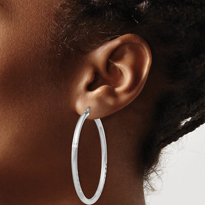 Sterling Silver Rhodium-Plated 3mm Polished/Satin Diamond-Cut Hoop Earrings