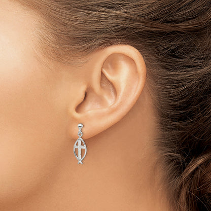Sterling Silver Polished Antiqued & Textured Ichthus Cross Post Dangle Earrings