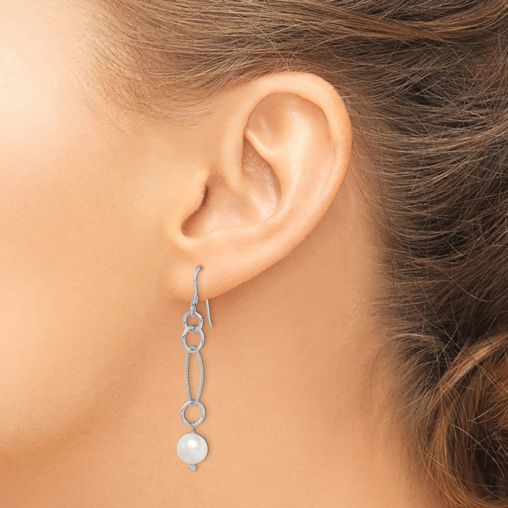 Sterling Silver Rhodium-Plated Polished & Twisted White 8-9mm Freshwater Cultured Pearl Dangle Earrings