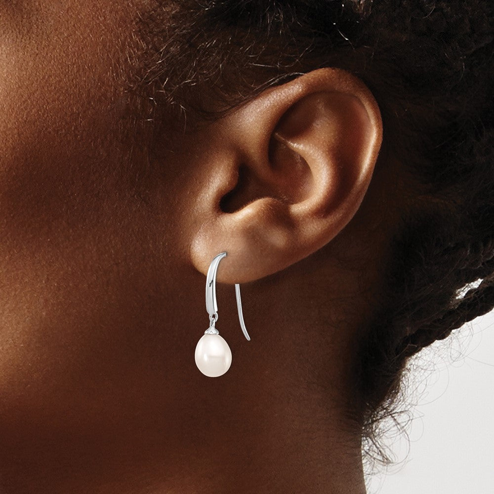 Sterling Silver Rhodium-Plated Polished White 8-9mm Freshwater Cultured Pearl Dangle Earrings