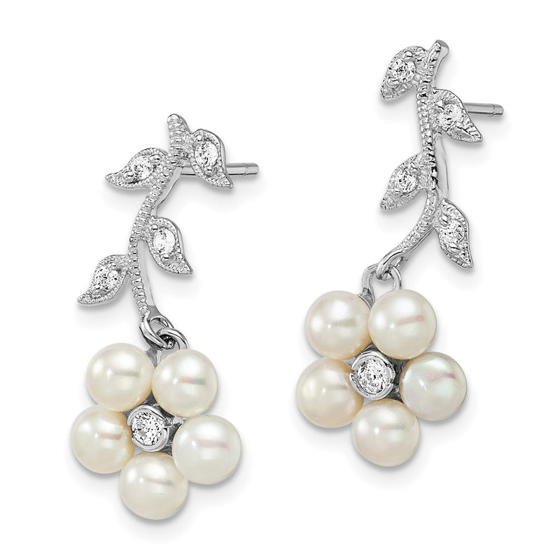 Sterling Silver Rhodium-Plated White Fwc Pearl Cz Flower Post Earrings