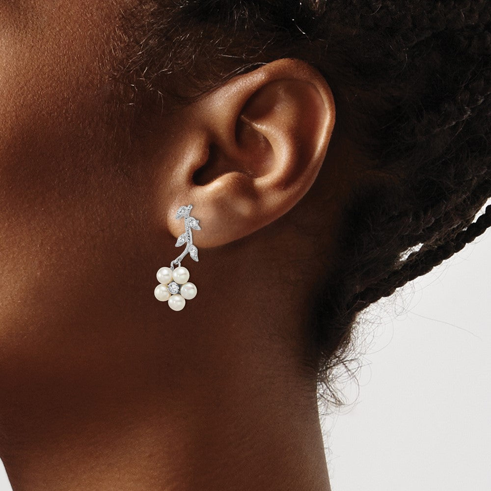 Sterling Silver Rhodium-Plated White Fwc Pearl Cz Flower Post Earrings