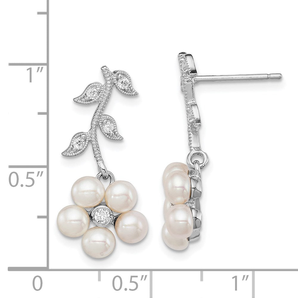Sterling Silver Rhodium-Plated White Fwc Pearl Cz Flower Post Earrings