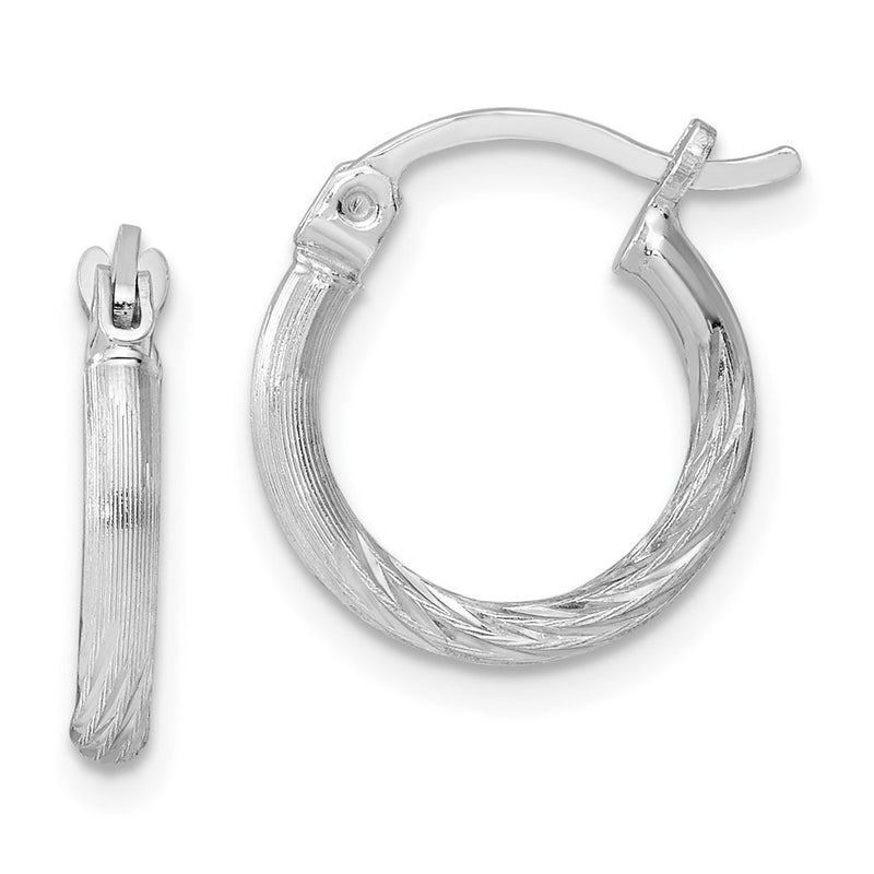 Sterling Silver Rhodium-Plated 2mm Polished/Satin Diamond-Cut Hoop Earrings