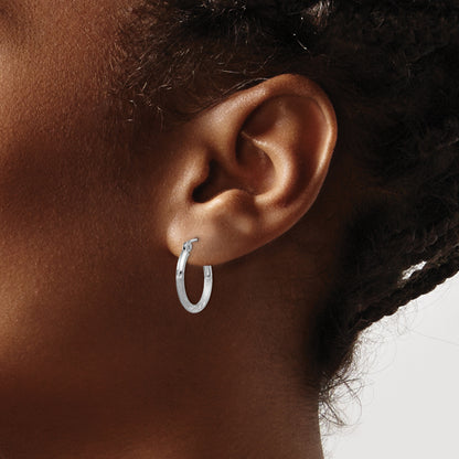 Sterling Silver Rhodium-Plated 2mm Polished/Satin Diamond-Cut Hoop Earrings