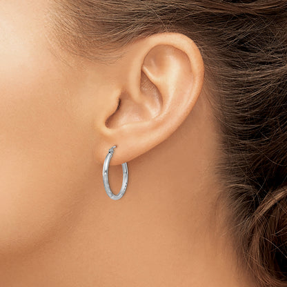 Sterling Silver Rhodium-Plated 2mm Polished/Satin Diamond-Cut Hoop Earrings