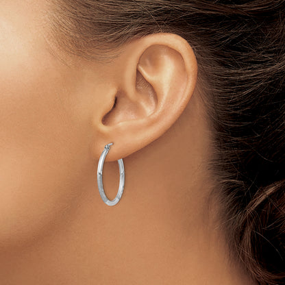 Sterling Silver Rhodium-Plated 2mm Polished/Satin Diamond-Cut Hoop Earrings