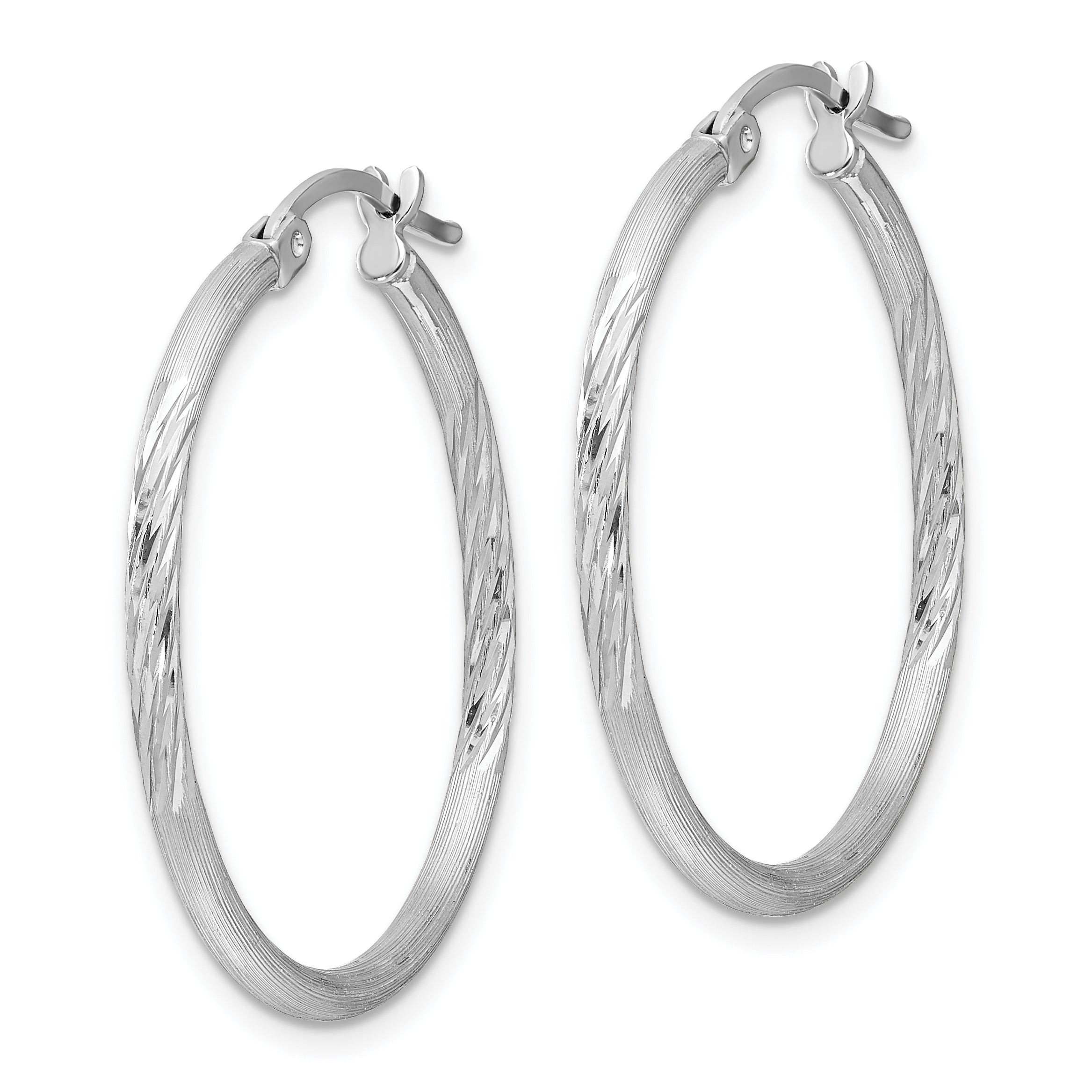 Sterling Silver Rhodium-Plated 2mm Polished/Satin Diamond-Cut Hoop Earrings