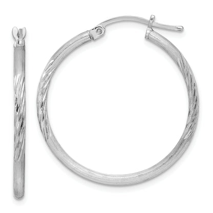 Sterling Silver Rhodium-Plated 2mm Polished/Satin Diamond-Cut Hoop Earrings