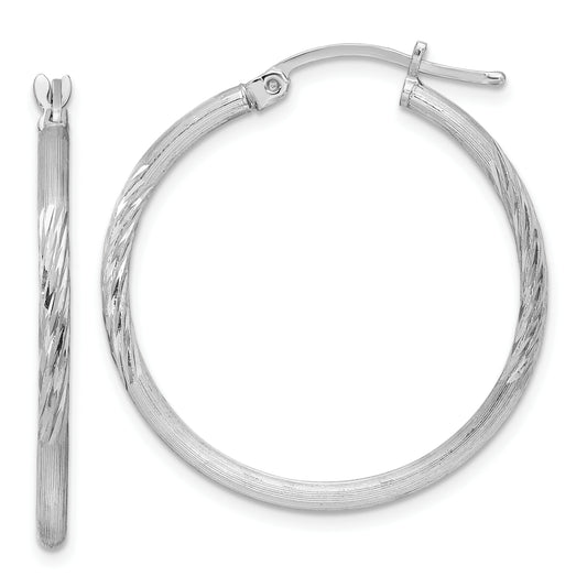 Sterling Silver Rhodium-Plated 2mm Polished/Satin Diamond-Cut Hoop Earrings