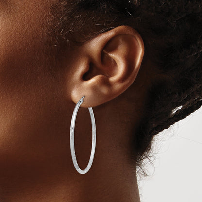 Sterling Silver Rhodium-Plated 2mm Polished/Satin Diamond-Cut Hoop Earrings