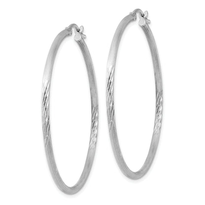 Sterling Silver Rhodium-Plated 2mm Polished/Satin Diamond-Cut Hoop Earrings
