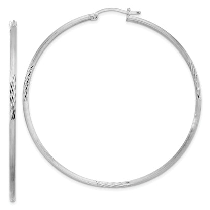 Sterling Silver Rhodium-Plated 2mm Polished/Satin Diamond-Cut Hoop Earrings