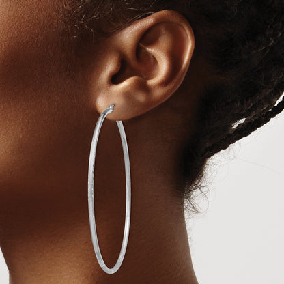 Sterling Silver Rhodium-Plated 2mm Polished/Satin Diamond-Cut Hoop Earrings