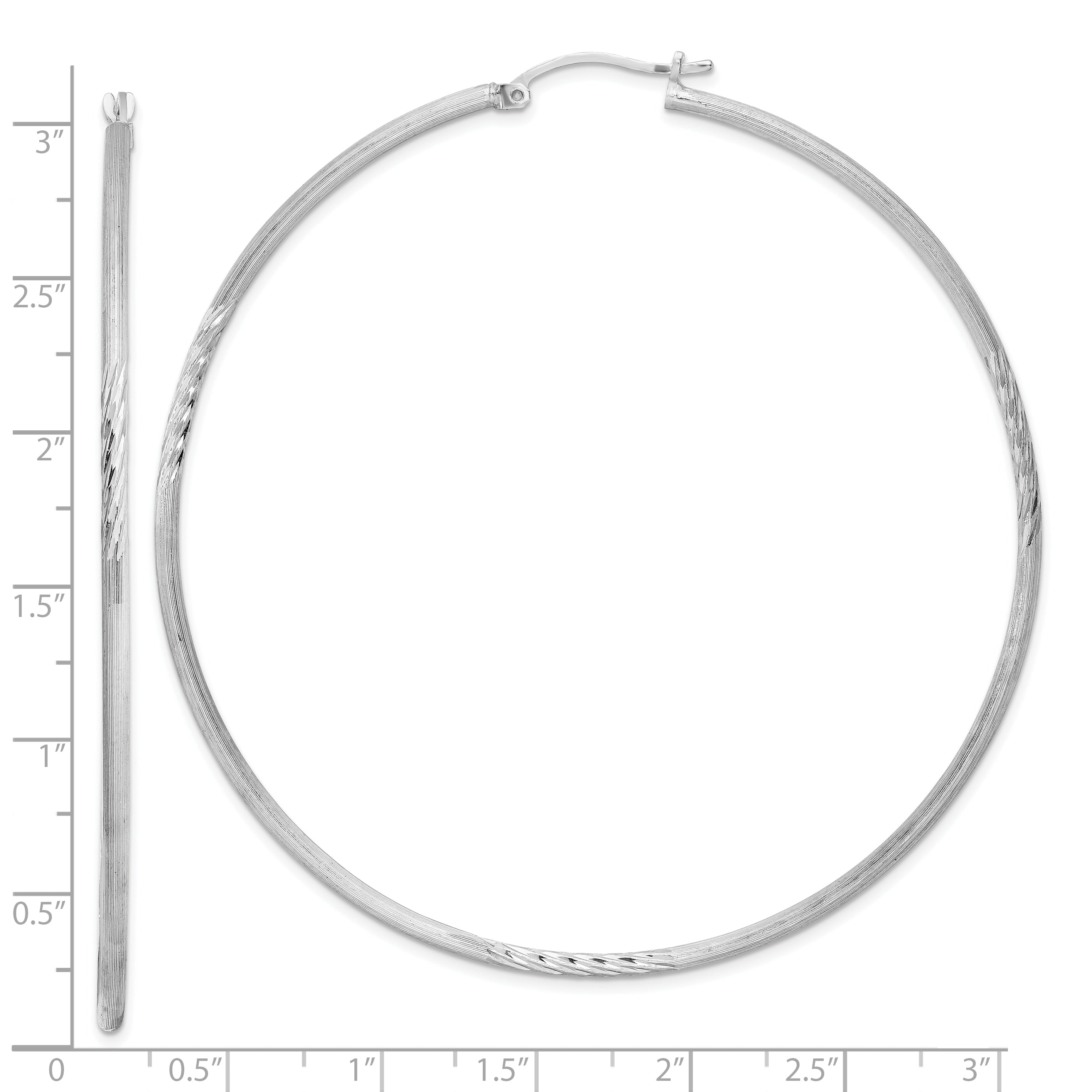 Sterling Silver Rhodium-Plated 2mm Polished/Satin Diamond-Cut Hoop Earrings