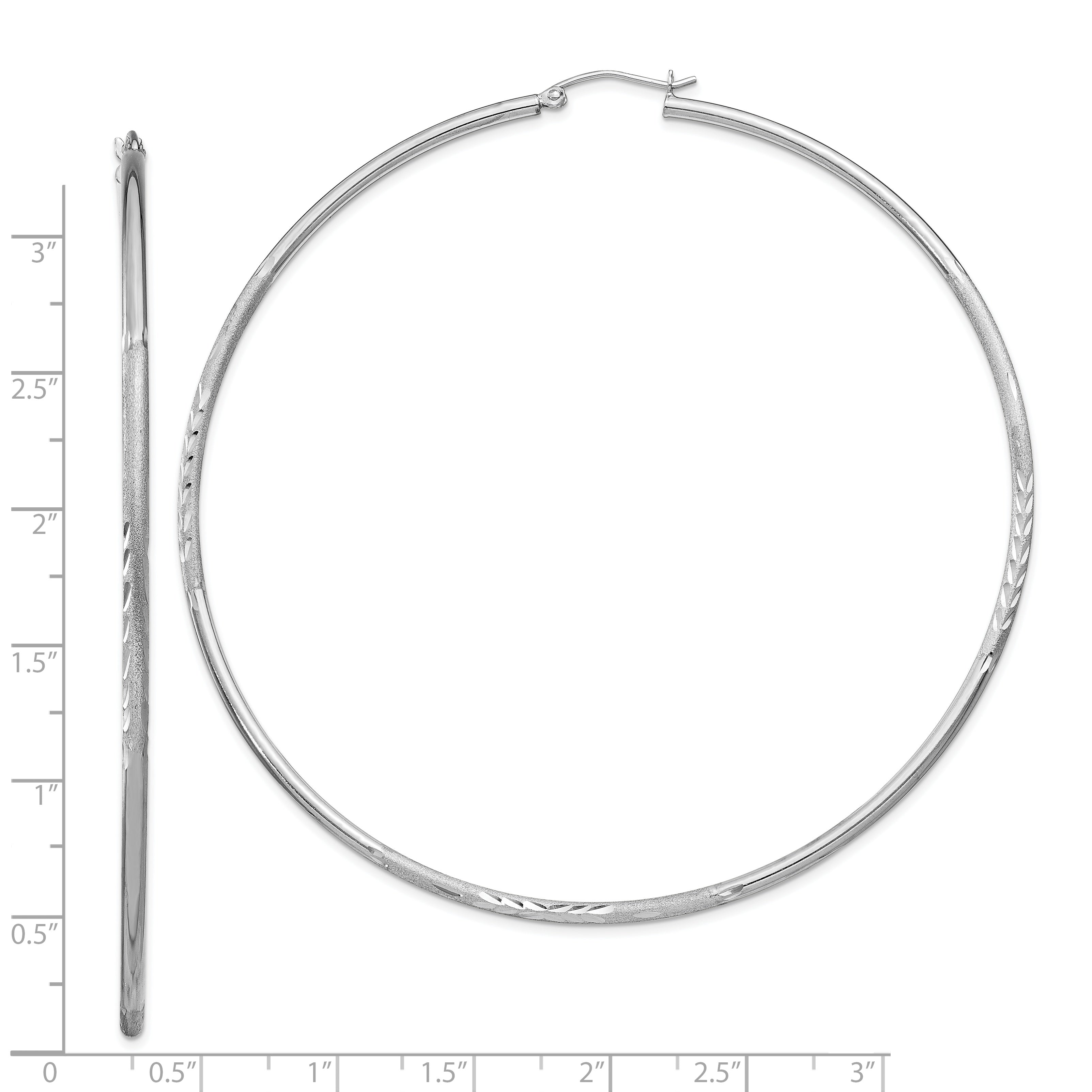 Sterling Silver Rhodium-Plated 2mm Polished/Satin Diamond-Cut Hoop Earrings