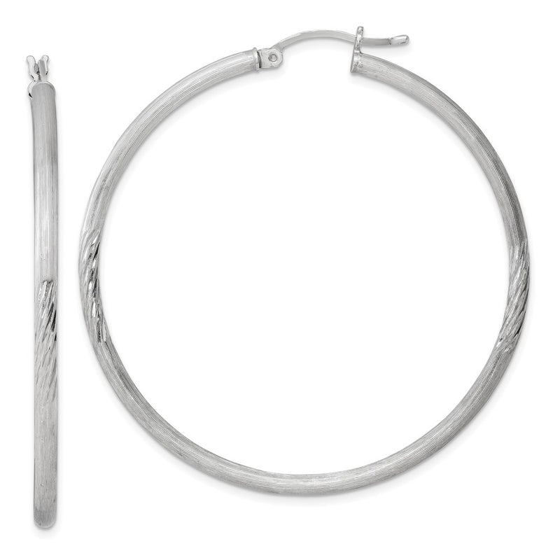 Sterling Silver Rhod-Plated 2.5mm Polished/Satin Diamond-Cut Hoop Earrings
