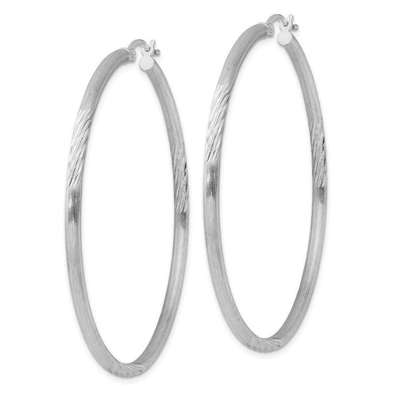 Sterling Silver Rhod-Plated 2.5mm Polished/Satin Diamond-Cut Hoop Earrings