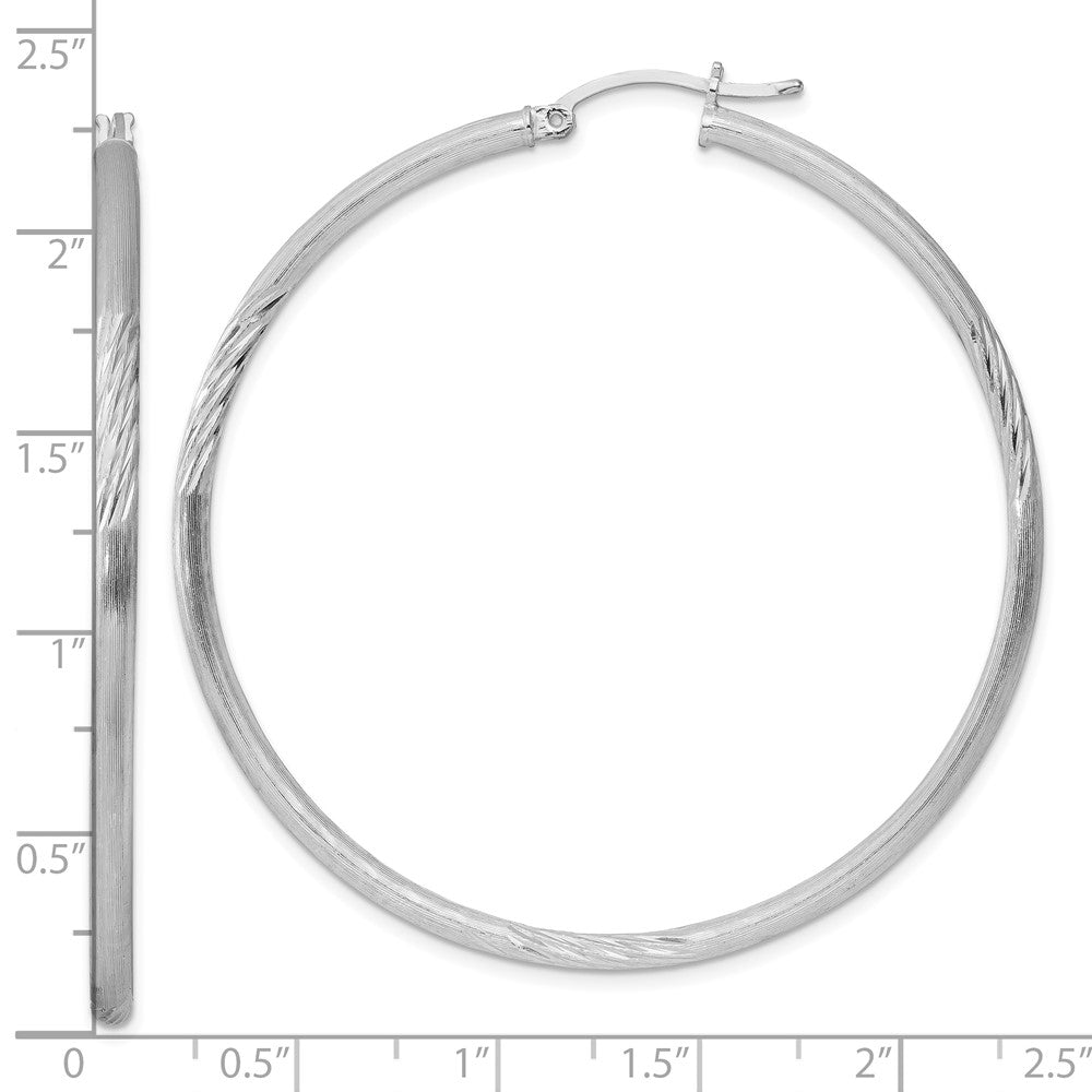 Sterling Silver Rhod-Plated 2.5mm Polished/Satin Diamond-Cut Hoop Earrings