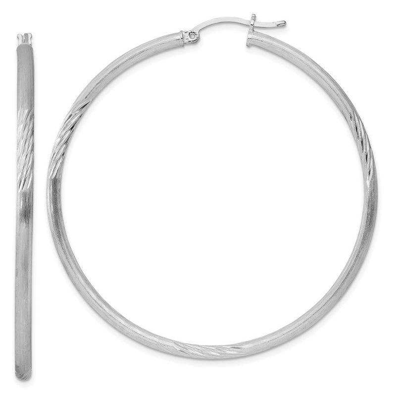Sterling Silver Rhod-Plated 2.5mm Polished/Satin Diamond-Cut Hoop Earrings