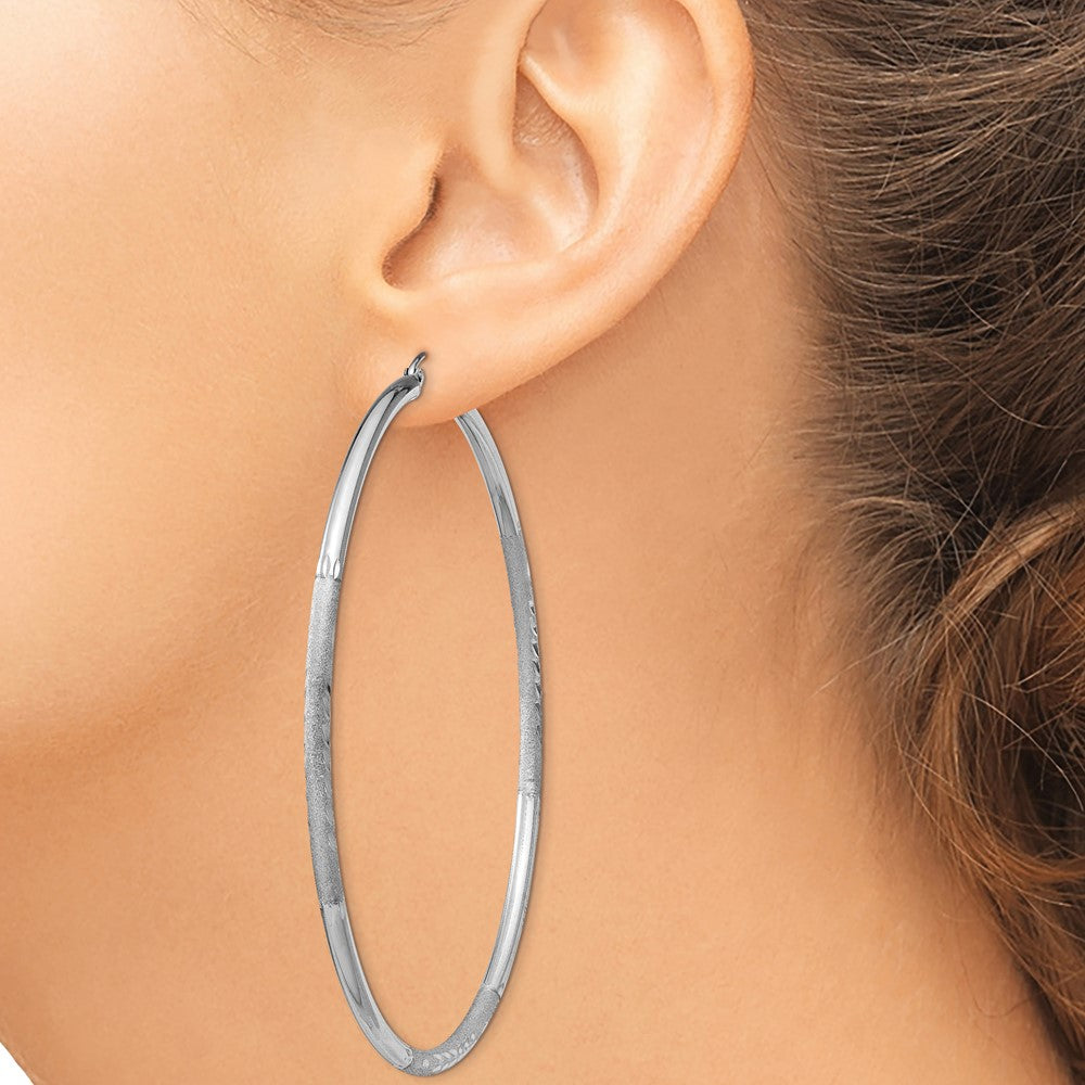 Sterling Silver Rhod-Plated 2.5mm Polished/Satin Diamond-Cut Hoop Earrings