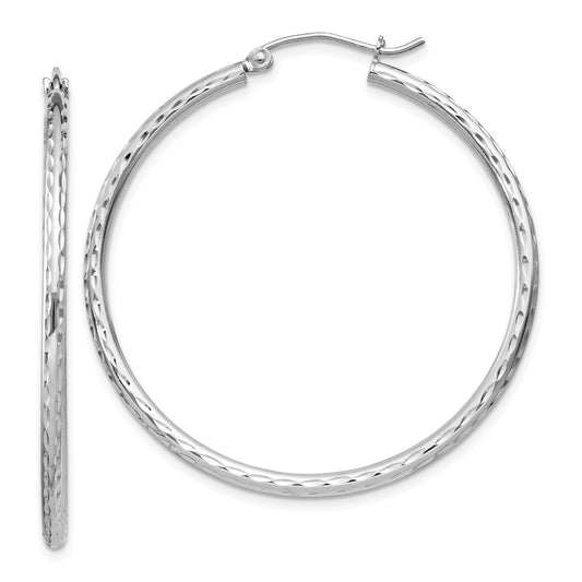 Sterling Silver Rhodium-Plated 2mm Diamond Cut Hoop Earrings