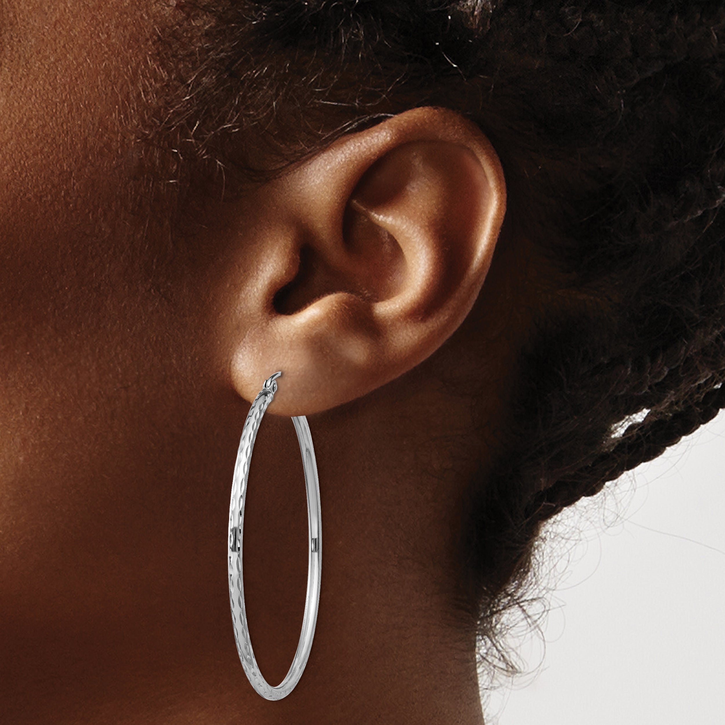 Sterling Silver Rhodium-Plated 2mm Diamond Cut Hoop Earrings
