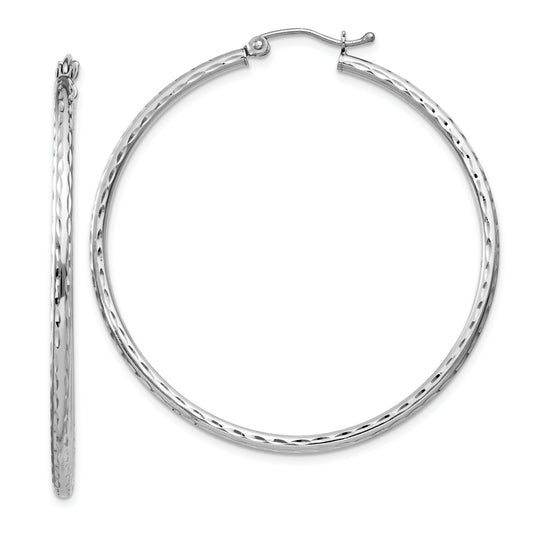 Sterling Silver Rhodium-Plated 2mm Diamond Cut Hoop Earrings