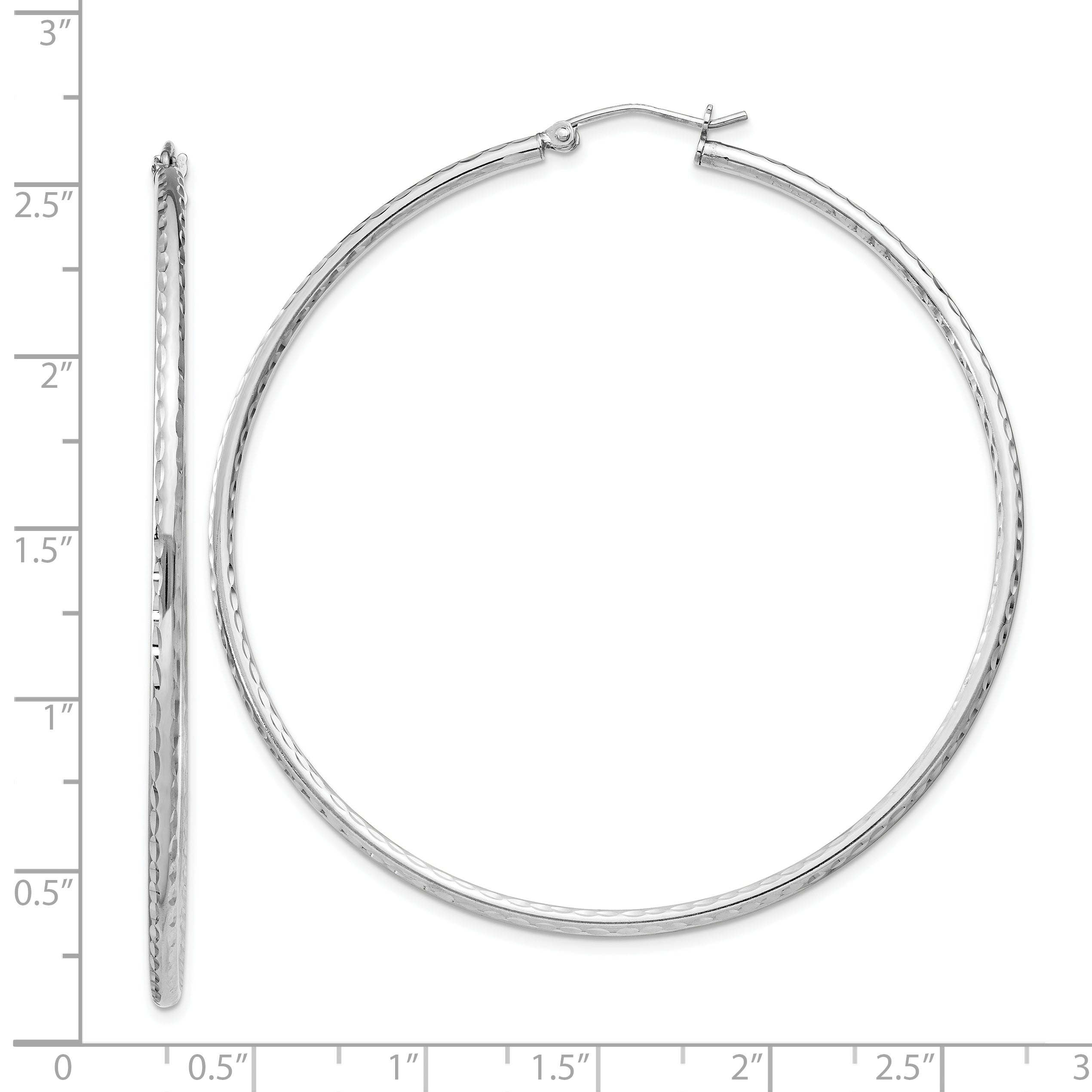 Sterling Silver Rhodium-Plated 2mm Diamond Cut Hoop Earrings