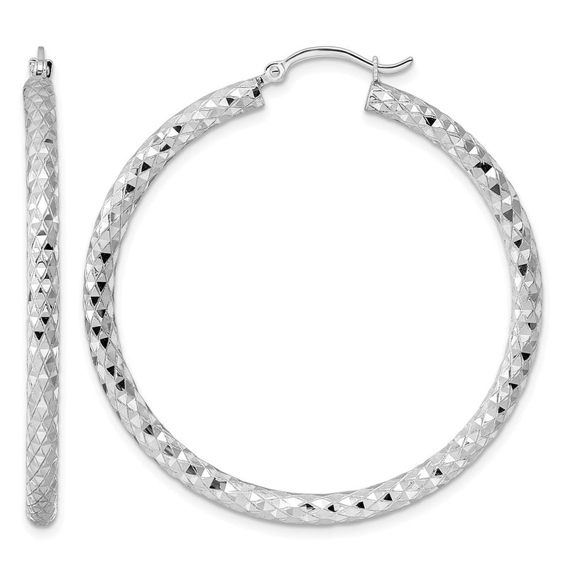 Sterling Silver Rhodium-Plated 3.00mm Diamond Cut Hoop Earrings
