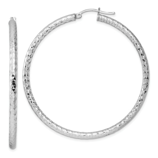 Sterling Silver Rhodium-Plated 3.00mm Diamond Cut Hoop Earrings