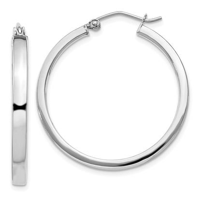 Sterling Silver Rh-Plated Concave 3X1X30mm Rectangular Tube Hoop Earrings