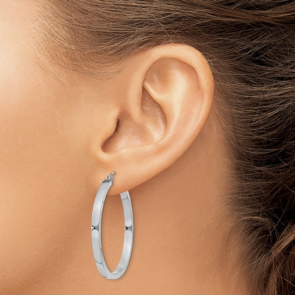 Sterling Silver Rh-Plated Concave 3X1X35mm Rectangular Tube Hoop Earrings