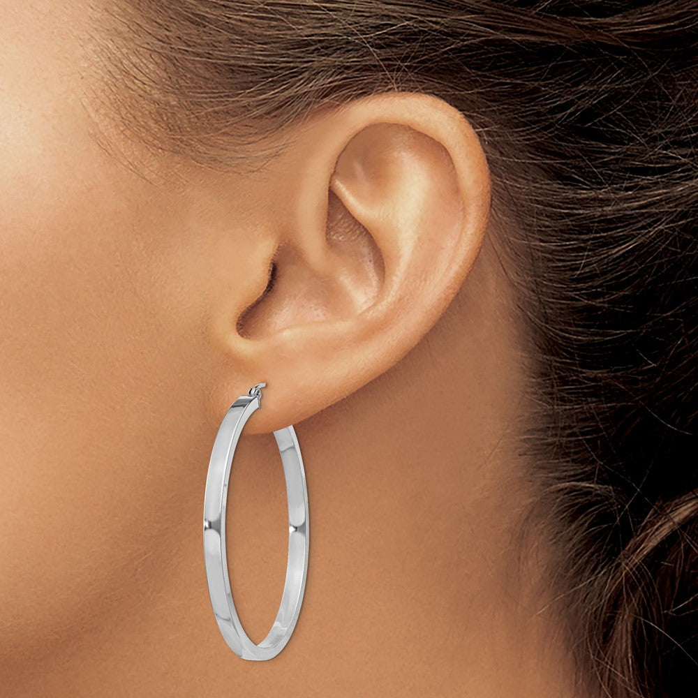 Sterling Silver Rh-Plated Concave 3X1X40mm Rectangular Tube Hoop Earrings