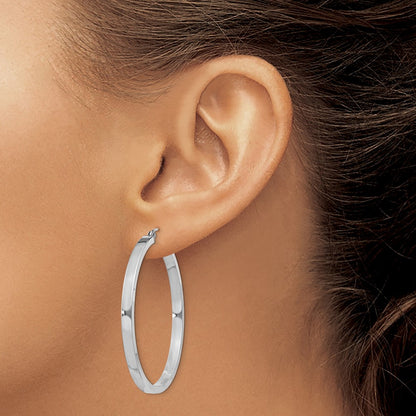 Sterling Silver Rh-Plated Concave 3X1X40mm Rectangular Tube Hoop Earrings
