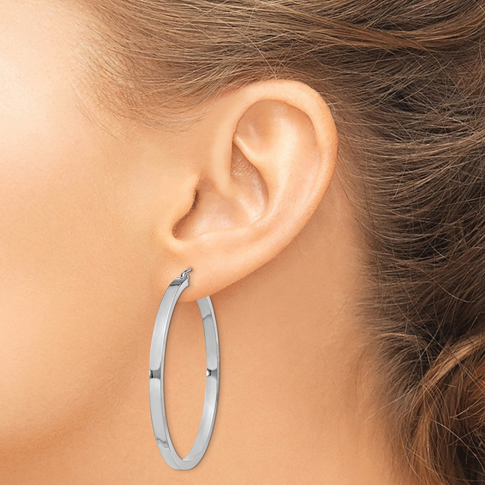 Sterling Silver Rh-Plated Concave 3X1X45mm Rectangular Tube Hoop Earrings