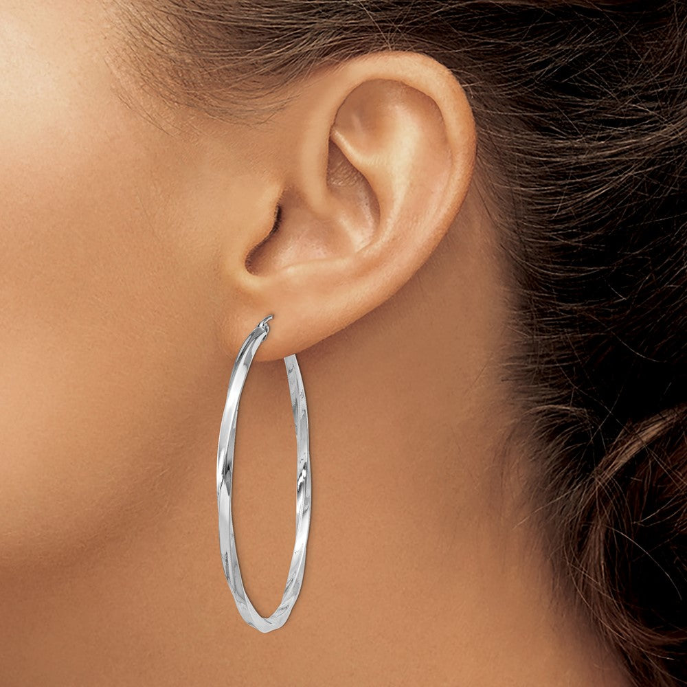 Sterling Silver Rhodium-Plated Twisted 2.5X50mmhoop Earrings