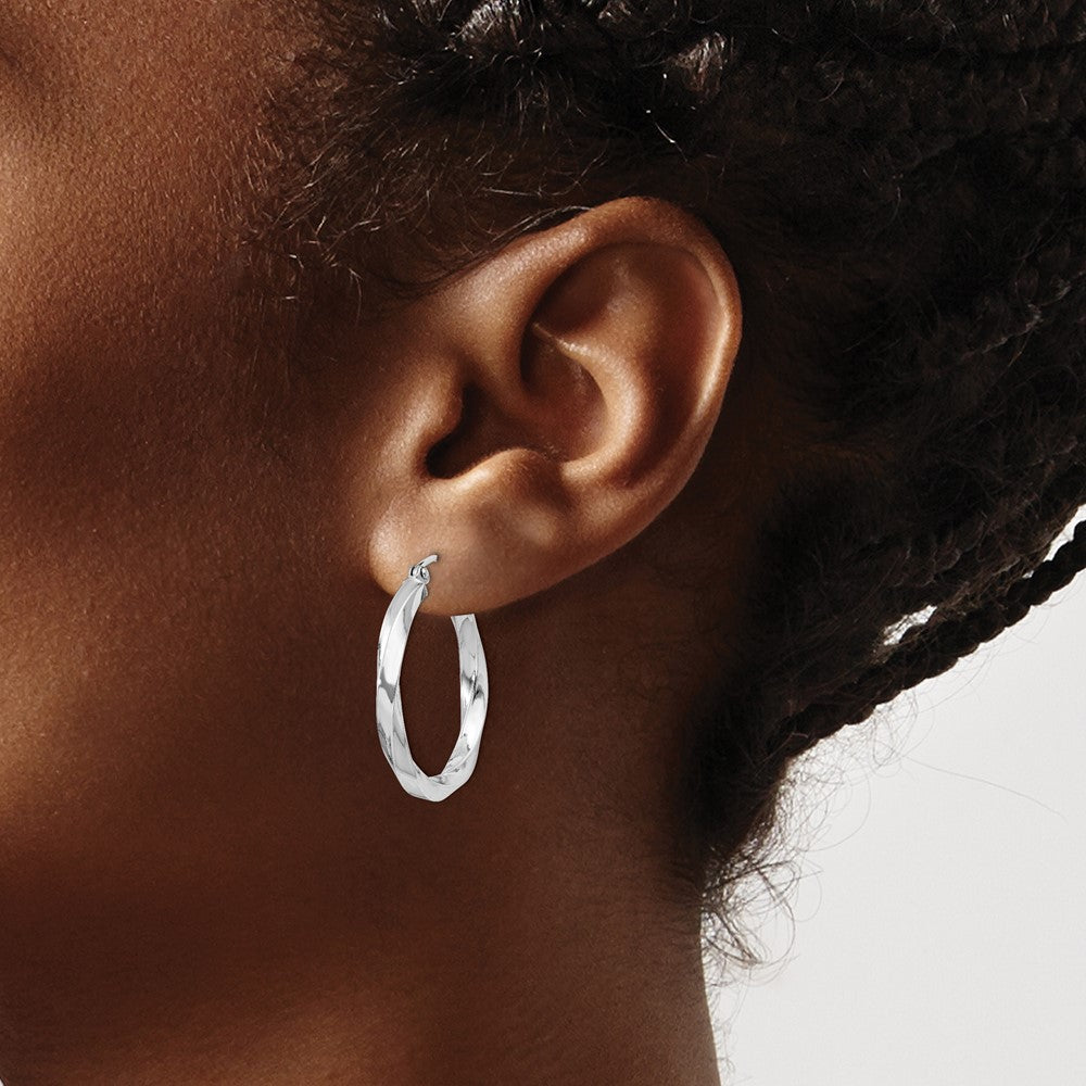 Sterling Silver Rhodium-Plated 3X25mmtwisted Hoop Earrings