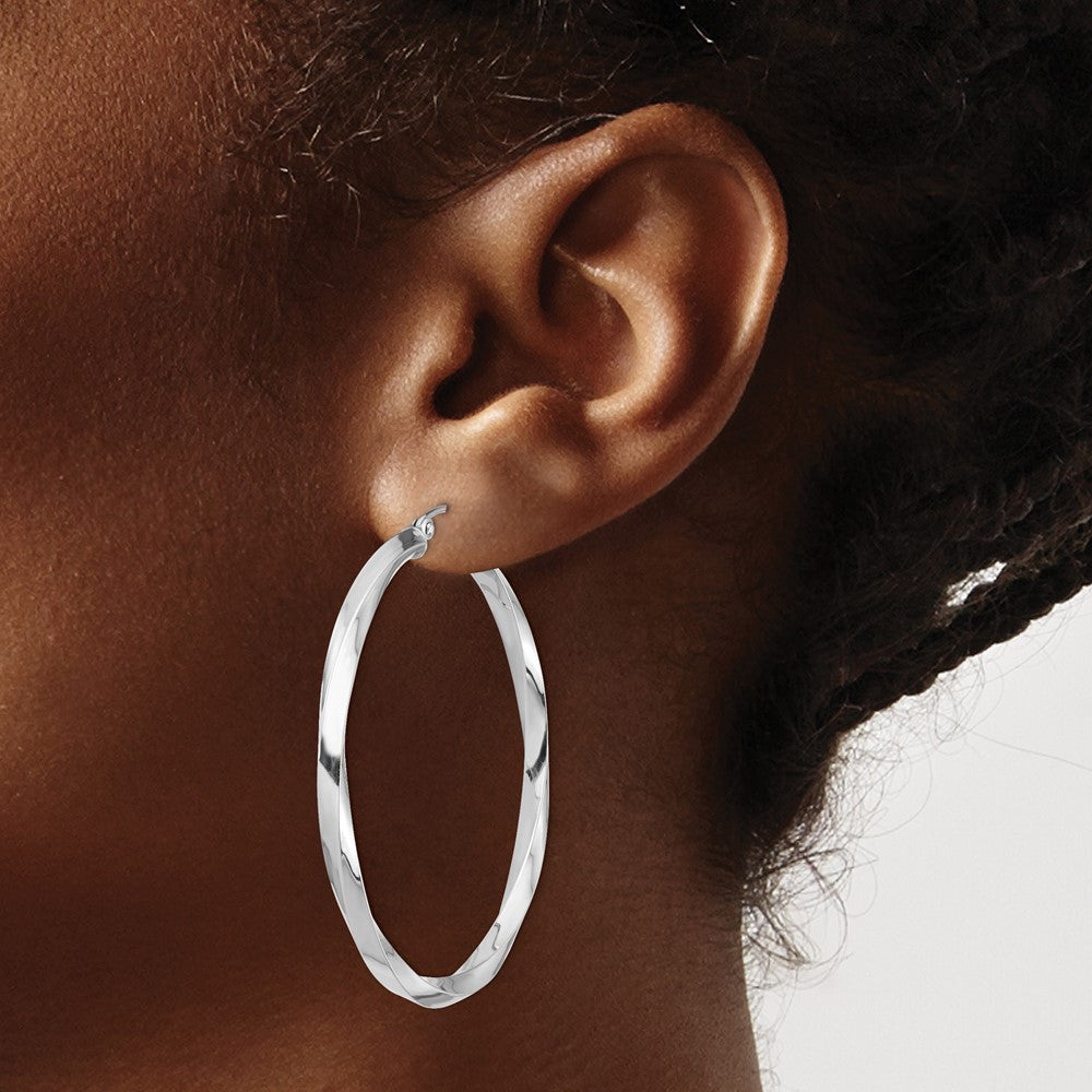 Sterling Silver Rhodium-Plated 3X45mmtwisted Hoop Earrings