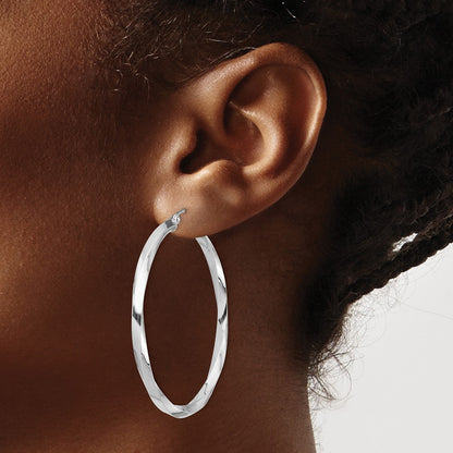 Sterling Silver Rhodium-Plated 3X45mmtwisted Hoop Earrings