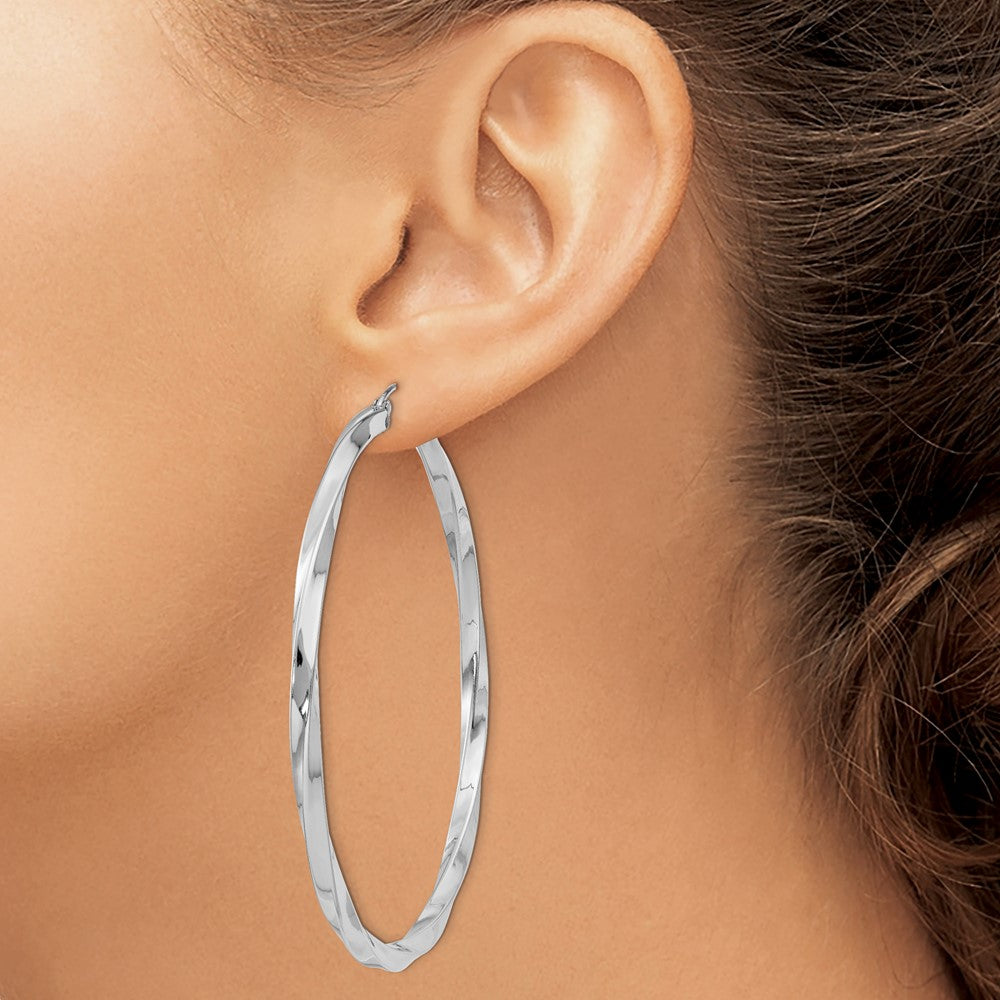 Sterling Silver Rhodium-Plated 3X60mmtwisted Hoop Earrings
