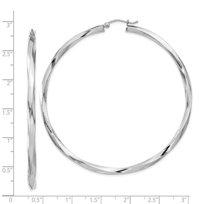 Sterling Silver Rhodium-Plated 3X65mmtwisted Hoop Earrings