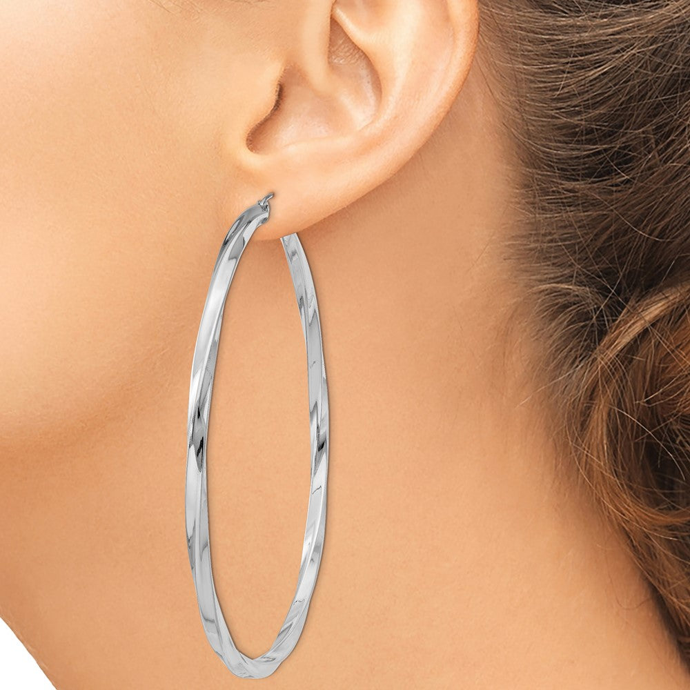 Sterling Silver Rhodium-Plated 3X70mmtwisted Hoop Earrings