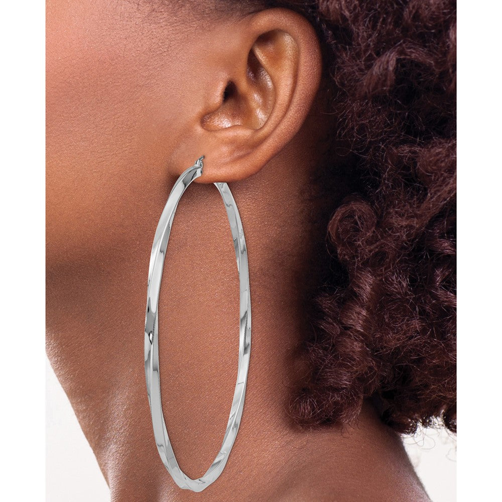 Sterling Silver Rhodium-Plated 3X80mmtwisted Hoop Earrings