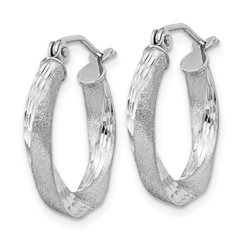 Sterling Silver Rhod-Plated Satin Diamond-Cut Twisted 3X18mm Hoop Earrings