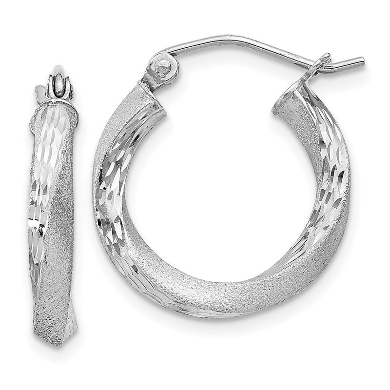 Sterling Silver Rhod-Plated Satin Diamond-Cut Twisted 3X18mm Hoop Earrings